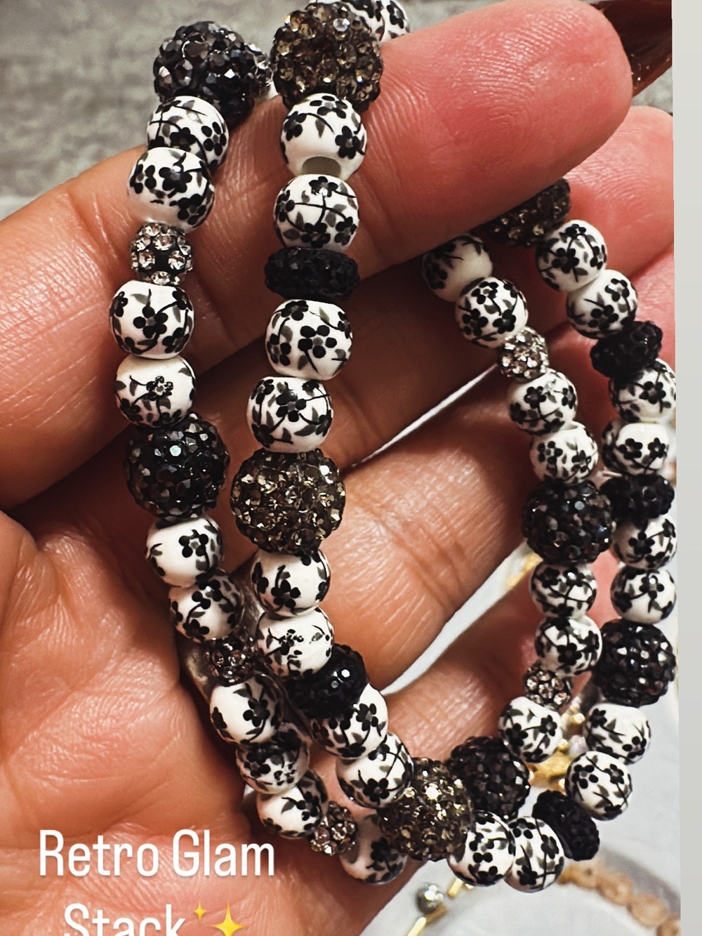 Retro Glam Black & White Beaded Stack Bracelet